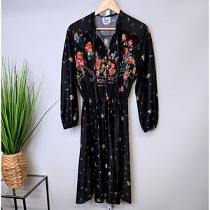 Vintage Grand Avenue Black Floral Pleated Midi Dress Long Sleeve Button Up Large